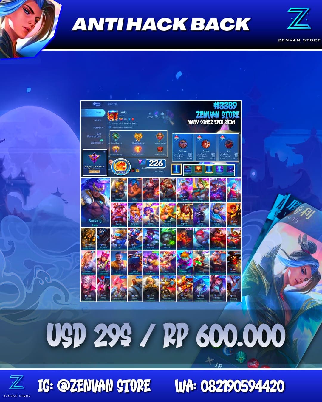 Foto akun ML #3389 🔥 226 Skins 🔥 Collector Natalia 🔥 KoF Karina 🔥 Many Epic 🔥 Safe Account ✅ - gambar 1