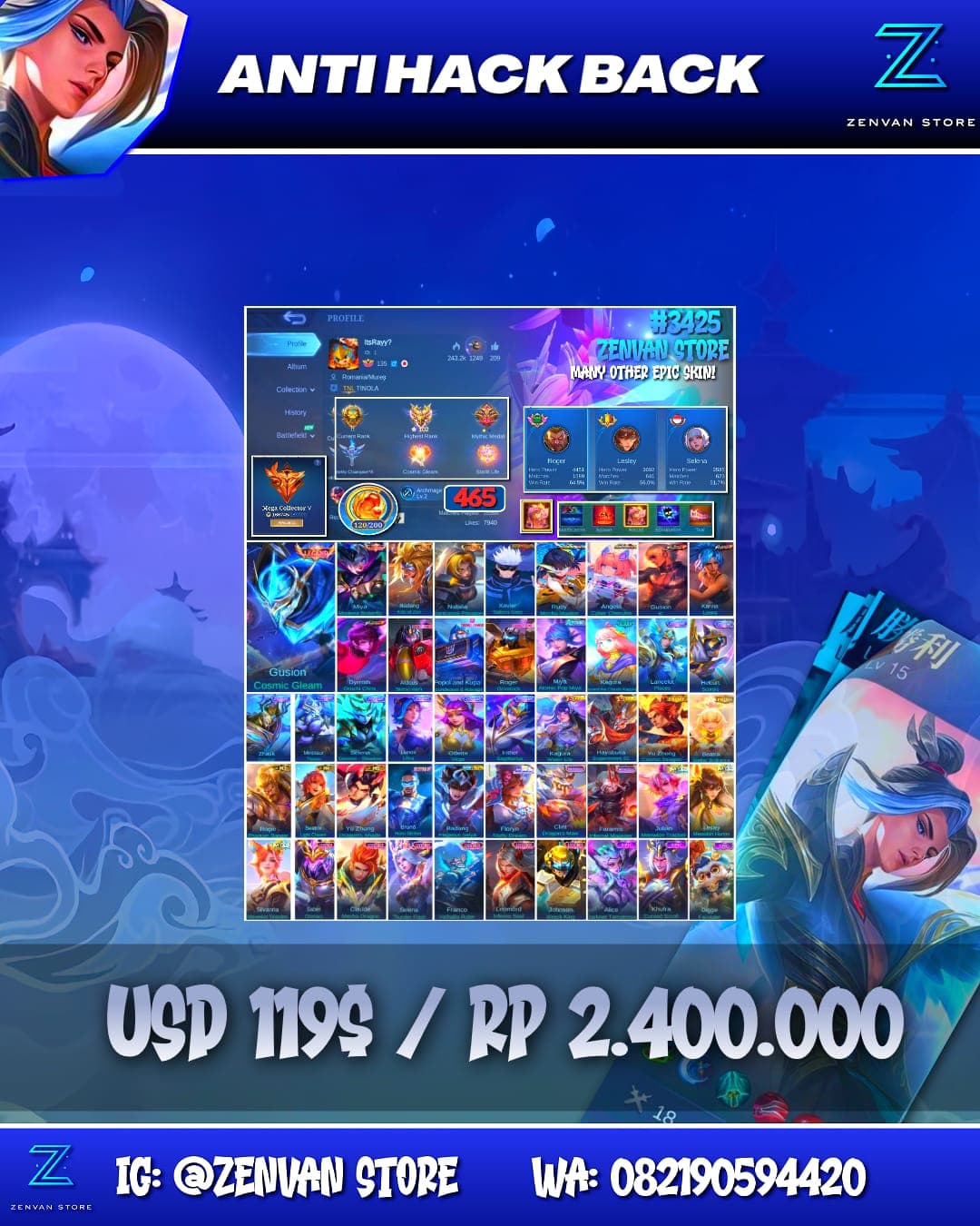 Foto akun ML #3425 🔥 465 Skins 🔥 Legend Gusion & Miya 🔥 Collector Badang & Natalia 🔥 Jujutsu Kaisen Gojo 🔥 Aspirant Ruby & Angela 🔥 Transformers Aldous, Popol & Kupa, Roger 🔥 Clouds Kagura 🔥 KoF Gusion, Ka - gambar 1