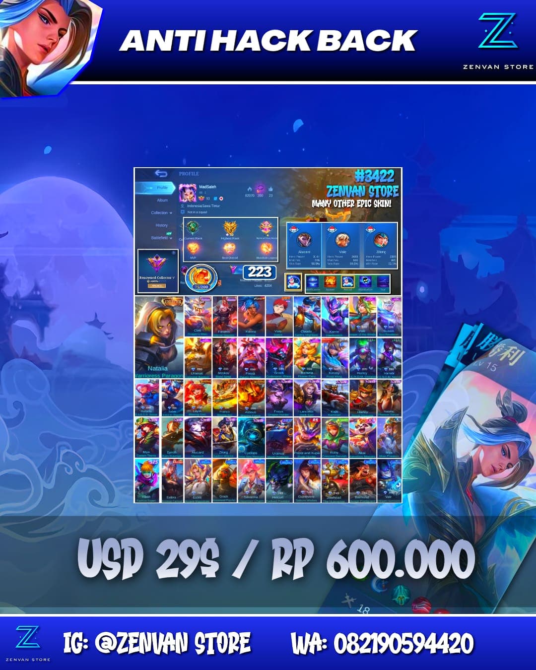 Foto akun ML #3422 🔥 223 Skins 🔥 Collector Natalia 🔥 KoF Karina 🔥 Many Limited 🔥 Many Epic 🔥 Safe Account ✅ - gambar 1