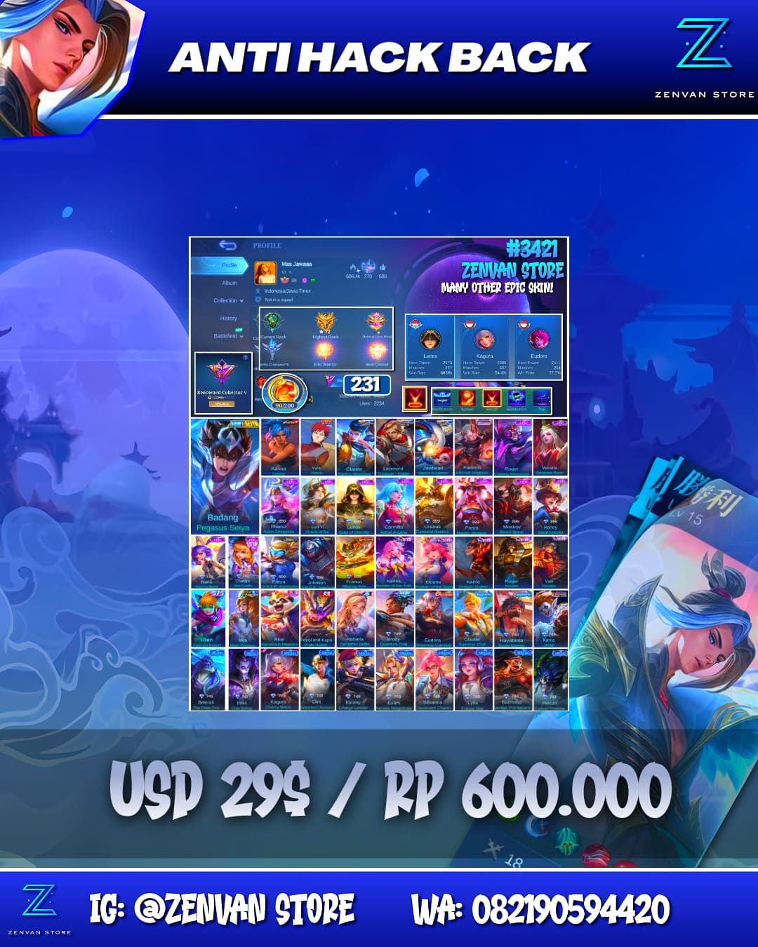 Foto akun ML #3421 🔥 231 Skins 🔥 Saint Seiya Badang 🔥 KoF Karina 🔥 Many Epic 🔥 Safe Account ✅ - gambar 1