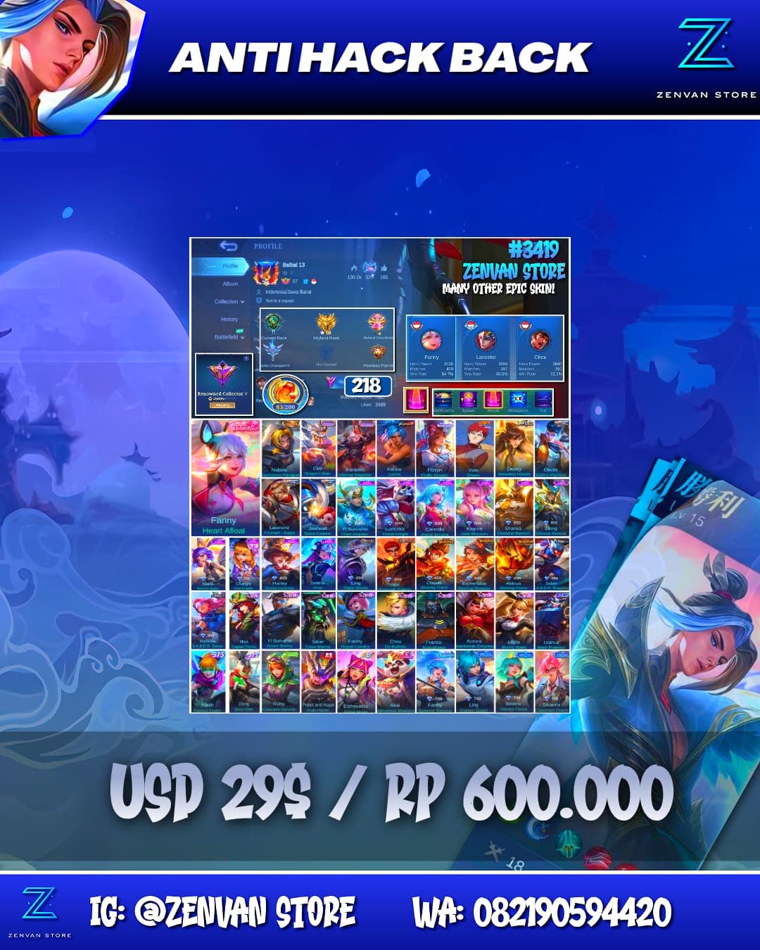 Foto akun ML #3419 🔥 218 Skins 🔥 Collector Natalia 🔥 KoF Karina 🔥 Many Epic 🔥 Safe Account ✅ - gambar 1