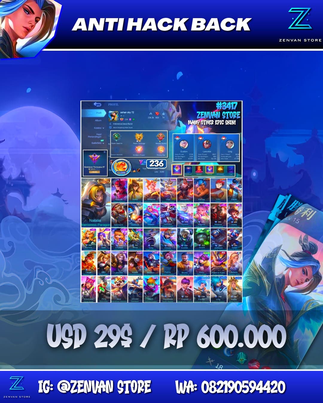Foto akun ML #3417 🔥 236 Skins 🔥 Collector Natalia 🔥 KoF Karina 🔥 Many Epic 🔥 Safe Account ✅ - gambar 1