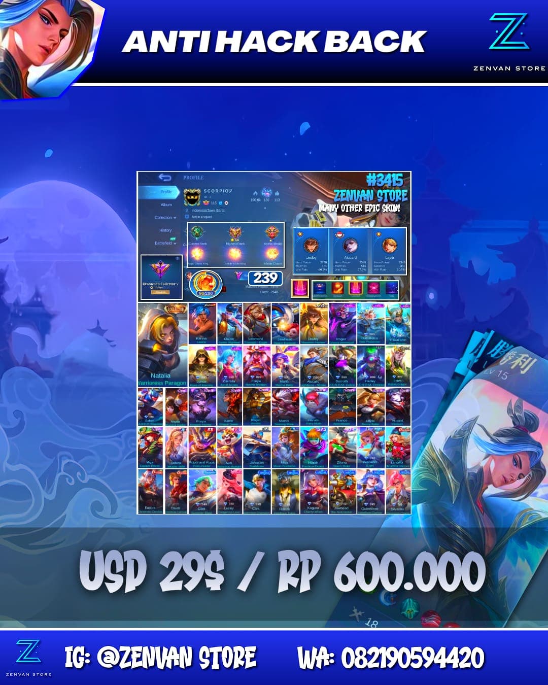 Foto akun ML #3415 🔥 239 Skins 🔥 Collector Natalia 🔥 KoF Karina 🔥 Many Epic 🔥 Safe Account ✅ - gambar 1