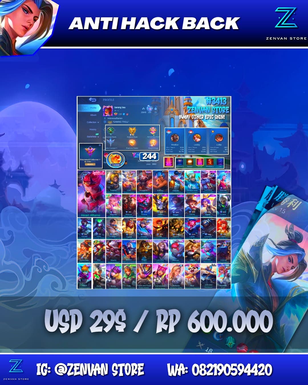 Foto akun ML #3413 🔥 244 Skins 🔥 Collector Natalia 🔥 KoF Karina 🔥 Many Epic 🔥 Safe Account ✅ - gambar 1