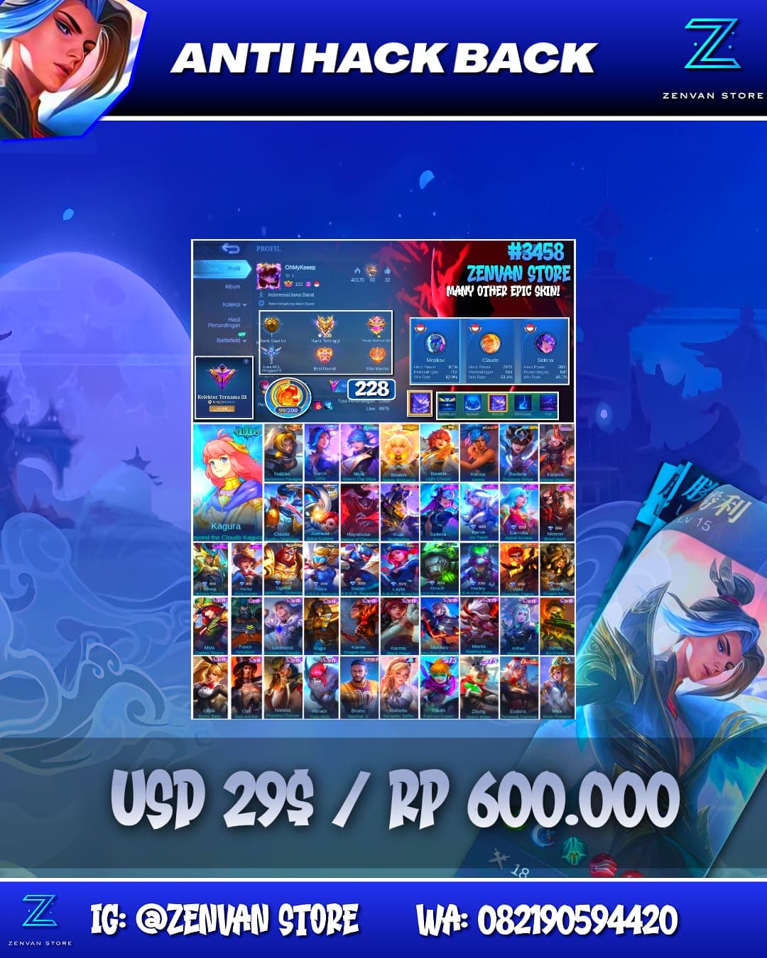 Foto akun ML #3458 🔥 228 Skins 🔥 Collector Natalia 🔥 Clouds Kagura 🔥 Prime Beatrix 🔥 KoF Karina 🔥 Many Limited 🔥 Many Epic 🔥 Safe Account ✅ - gambar 1