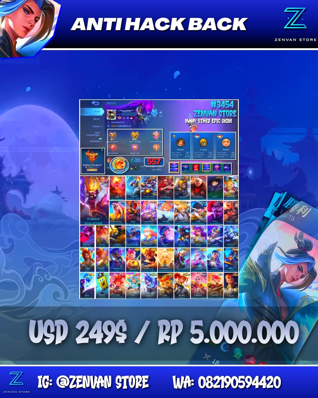 Foto akun ML #3454 🔥 557 Skins 🔥 Multi Legends 🔥 Exorcist Yu Zhong 🔥 Jujutsu Kaisen Megumi 🔥 11.11 Wanwan 🔥 Ducati Leomord & Irithel 🔥 Aspirant Vexana, Fanny, Ruby & Lesley 🔥 Transformers Popol & Kupa & X- - gambar 1