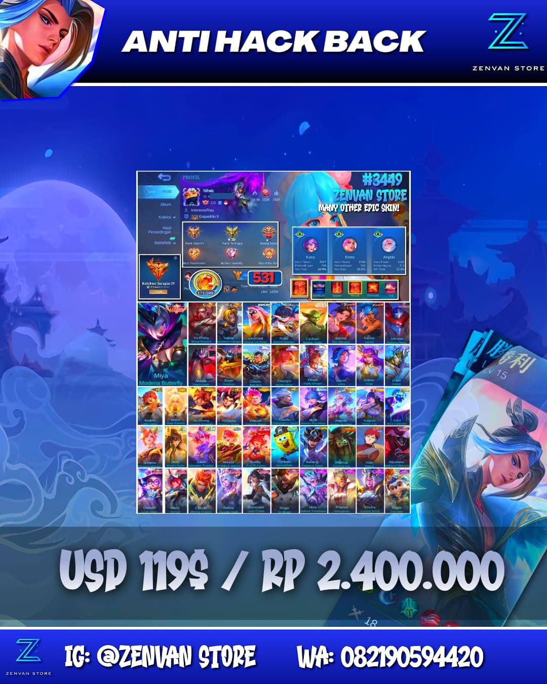 Foto akun ML #3449 🔥 531 Skins 🔥 Legend Miya 🔥 Collector Yu Zhong & Natalia 🔥 Ducati Leomord 🔥 Aspirant Ruby 🔥 StarWars Cyclops 🔥 Transformers Johnson, Aldous & Roger 🔥 Sanrio Claude, Chang’e & Floryn 🔥 P - gambar 1