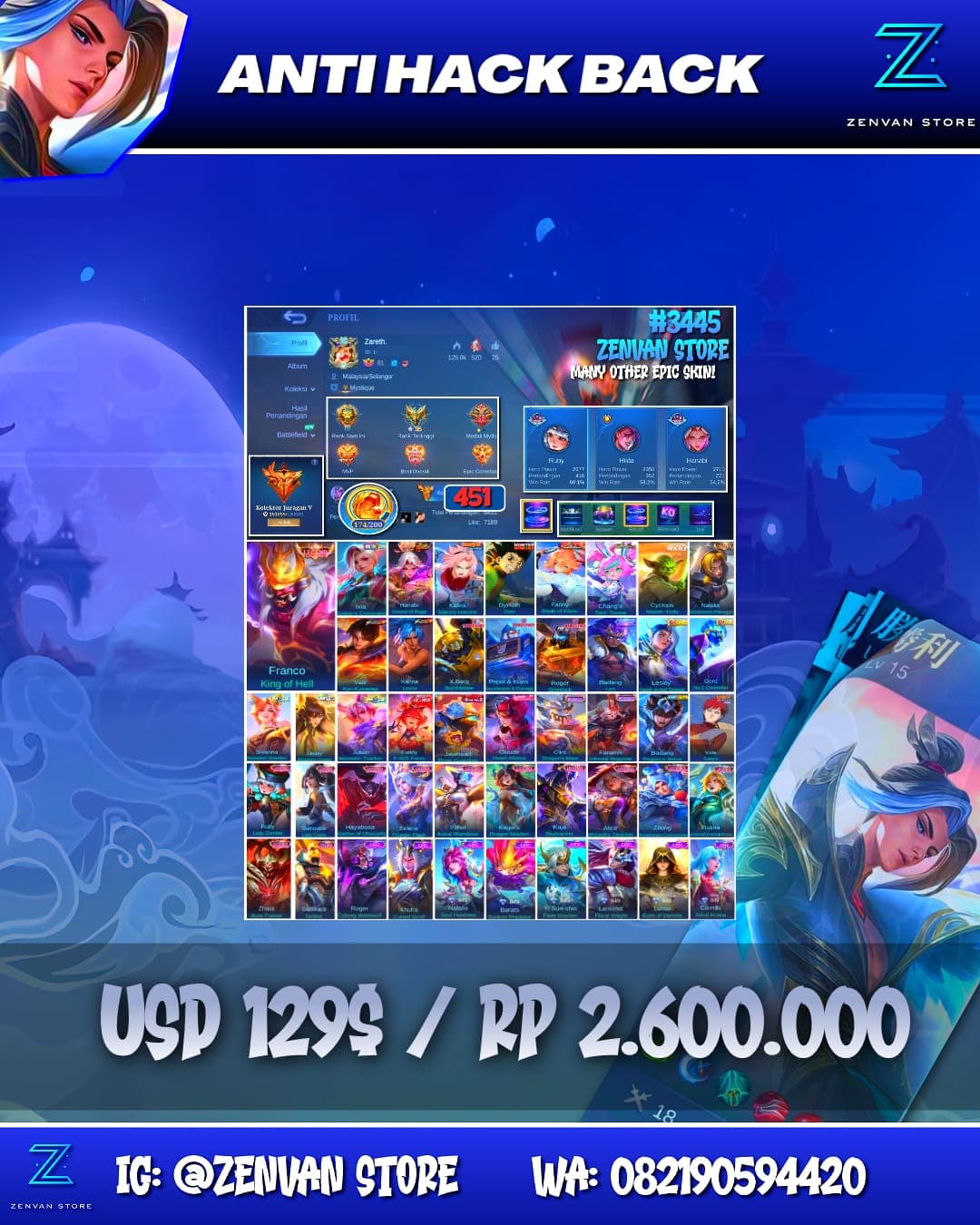 #3445 🔥 451 Skins 🔥 Legend Franco 🔥 Collector Natalia 🔥 Zero Lylia 🔥 Soul Vessels Hanabi 🔥 Sakura 🔥 HxH Gon 🔥 Aspirant Fanny & Chang’e 🔥 StarWars Cyclops 🔥 Transformers Popol & Kupa, X-Borg