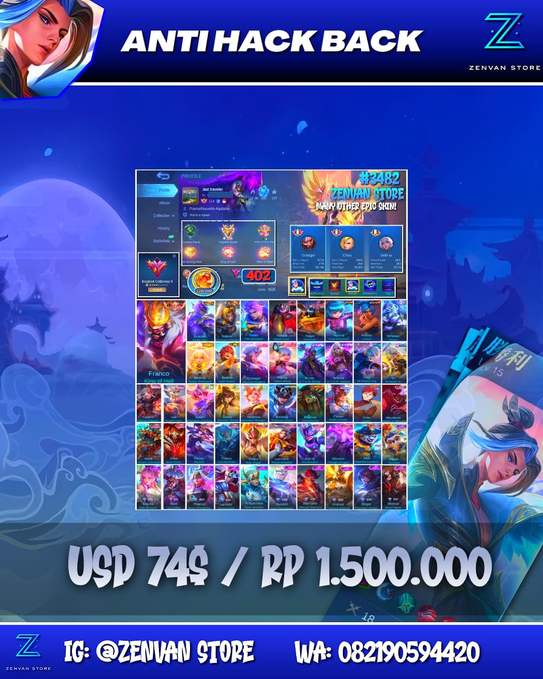 Foto akun ML #3482 🔥 402 Skins 🔥 Legend Franco 🔥 Collector Gusion & Natalia 🔥 11.11 Nolan 🔥 Transformers Aldous & Roger 🔥 Prime Beatrix 🔥 Stun Selena & Brody 🔥 M-World Ling & Yin 🔥 KoF Karina & Aurora 🔥 - gambar 1