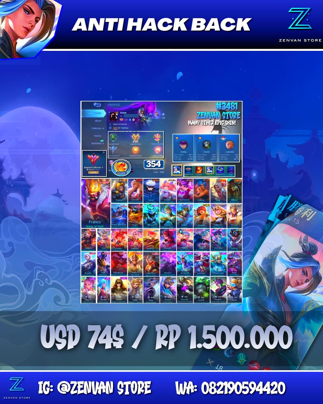 Foto akun ML #3481 🔥 354 Skins 🔥 Legend Franco 🔥 Collector Natalia 🔥 Kinsin Lancelot 🔥 Jujutsu Kaisen Gojo 🔥 Aspirant Angela 🔥 Kungfu Panda Ling & Thamuz 🔥 Transformers Popol & Kupa & Roger 🔥 M-World Ling - gambar 1