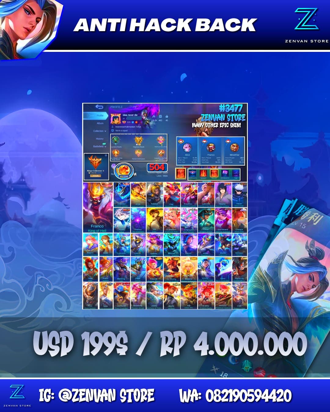 Foto akun ML #3477 🔥 504 Skins 🔥 Legend Franco & Gusion 🔥 Collector Arlott & Natalia 🔥 Neobeast Ling & Fredrinn 🔥 Kinsin Lancelot 🔥 Sasuke 🔥 Jujutsu Kaisen Gojo 🔥 HxH Killua 🔥 11.11 Thamuz 🔥 Attack on Ti - gambar 1