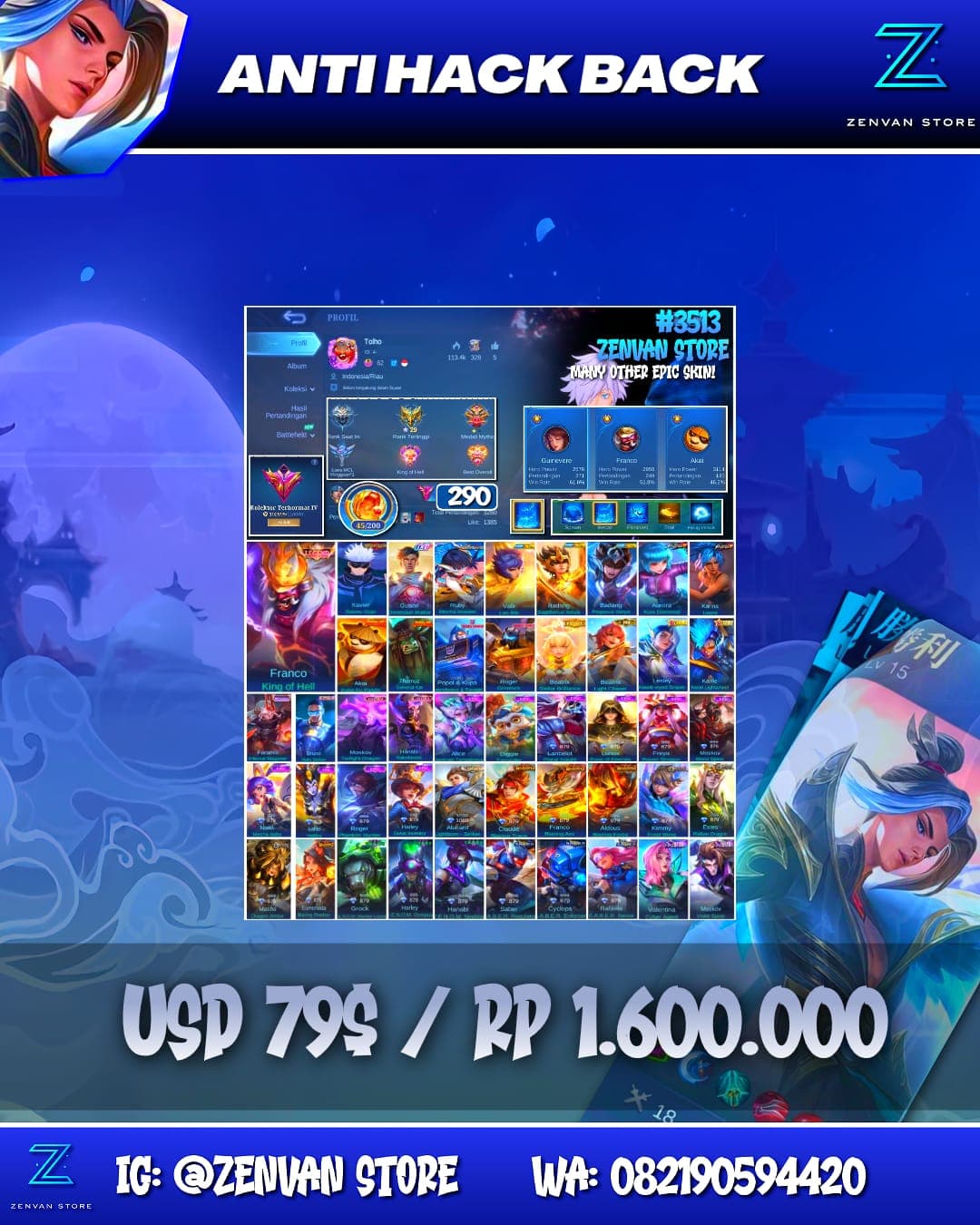 Foto akun ML #3513 🔥 290 Skins 🔥 Legend Franco 🔥 Jujutsu Kaisen Gojo 🔥 11.11 Gusion 🔥 Aspirant Ruby 🔥 Saint Seiya Valir & Badang 🔥 Kungfu Panda 🔥 Prime Beatrix 🔥 Transformers 🔥 KoF Karina & Aurora 🔥 Man - gambar 1