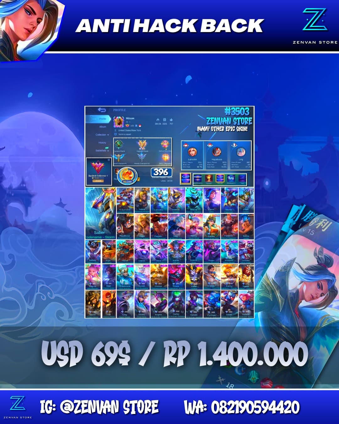 #3503 🔥 396 Skins 🔥 Legend Saber 🔥 Collector YSS & Natalia 🔥 M-World Ling 🔥 KoF Karina 🔥 Many Limited 🔥 Many Zodiacs 🔥 Many Epic 🔥 Safe Account ✅