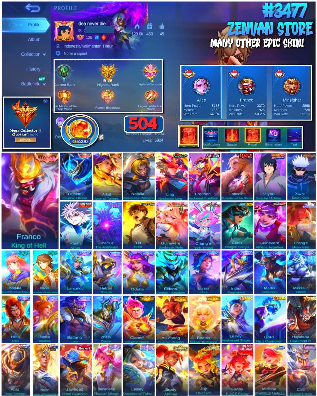 Foto akun ML #3477 🔥 504 Skins 🔥 Legend Franco & Gusion 🔥 Collector Arlott & Natalia 🔥 Neobeast Ling & Fredrinn 🔥 Many Limited 🔥 Many Zodiacs 🔥 Many Epic 🔥 Safe Account ✅ - gambar 1