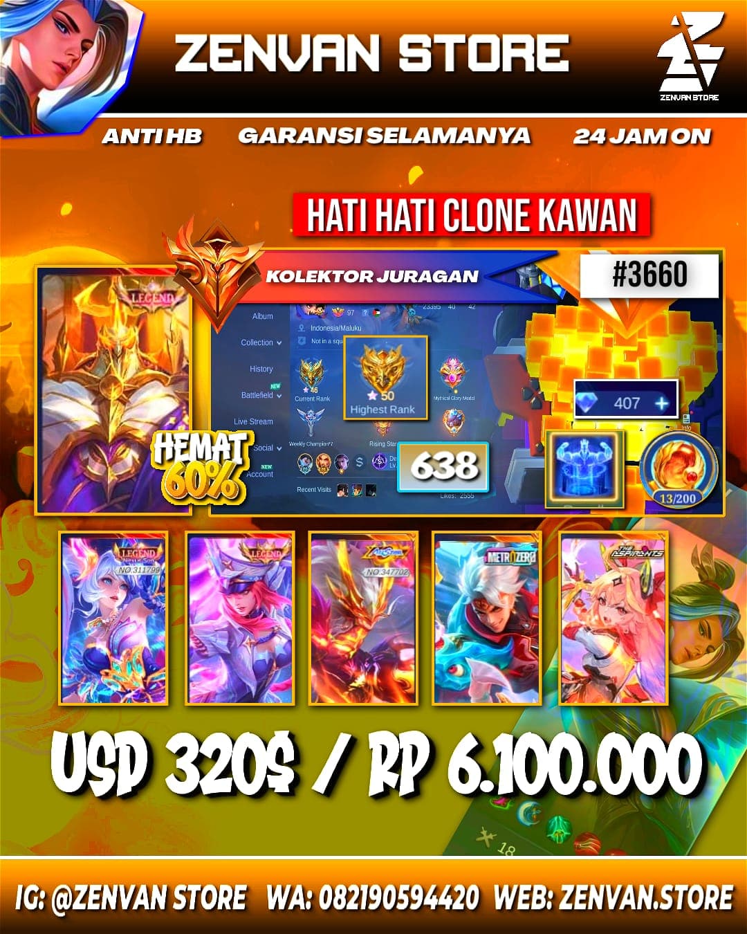 Foto akun ML #3660 🔥 638 Skins 🔥 3 Legends 🔥 2 Collectors 🔥 Neobeast Pharsa & Brody 🔥 Naruto 🔥 Jujutsu Kaisen Megumi 🔥 11.11 Nolan 🔥 Ducati Leomord 🔥 StarWars Cyclops 🔥 HxH Gon 🔥 Aspirant Quad 🔥 Saint - gambar 1