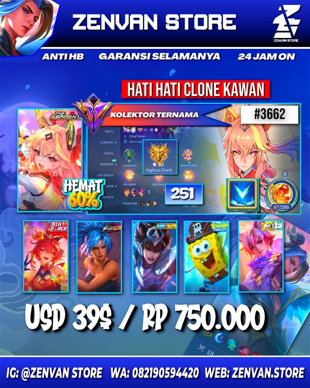 Foto akun ML #3662 🔥 341 Skins 🔥 Aspirant Guinevere 🔥 SpongeBob 🔥 KoF Karina 🔥 Many Limited 🔥 Many Epic 🔥 Safe Account ✅ - gambar 1