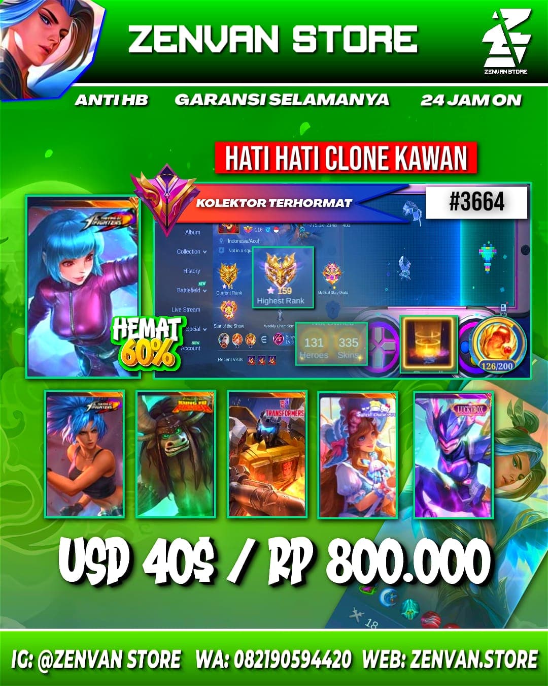 Foto akun ML #3664 🔥 335 Skins 🔥 Collector Natalia 🔥 KoF Karina & Aurora 🔥 SpongeBob 🔥 Many Limited 🔥 Many Epic 🔥 Safe Account ✅ - gambar 1