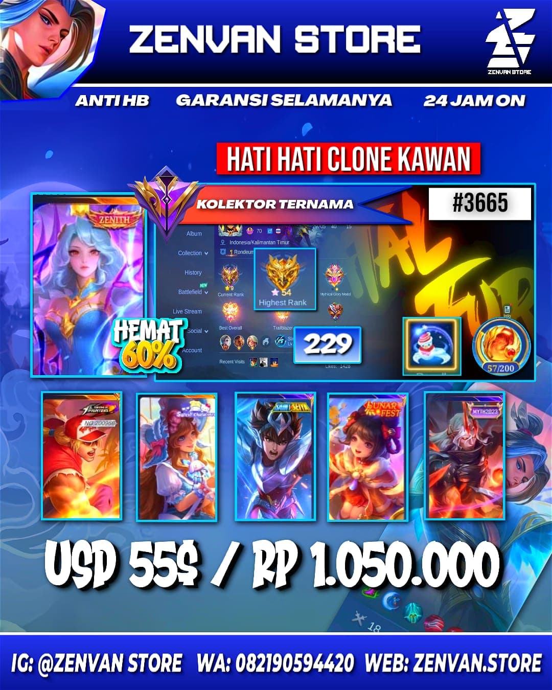 Foto akun ML #3665 🔥 229 Skins 🔥 Zenith Vexana 🔥 KoF Paquito 🔥 Many Epic 🔥 Safe Account ✅ - gambar 1