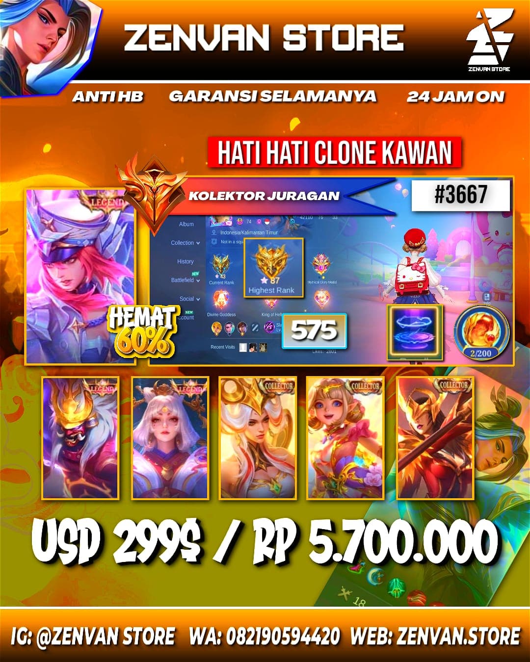 Foto akun ML #3667 🔥 575 Skins 🔥 3 Legends 🔥 6 Collectors 🔥 Zenith Vexana 🔥 Jujutsu Kaisen Gojo 🔥 AoT Mikasa 🔥 StarWars Alucard 🔥 Aspirant Series 🔥 Transformers 🔥 Clouds Kagura & Xavier 🔥 KoF Series 🔥 - gambar 1