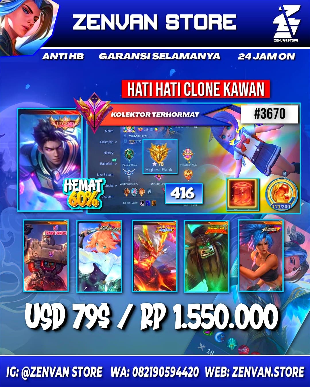 Foto akun ML #3670 🔥 416 Skins 🔥 Legend Alucard 🔥 Internal Moskov 🔥 Aspirant Fanny 🔥 Prime Beatrix 🔥 Transformers Granger & Roger 🔥 Stun Chou 🔥 M-World Ling 🔥 Many Limited 🔥 Many Zodiacs 🔥 Many Epic 🔥 - gambar 1