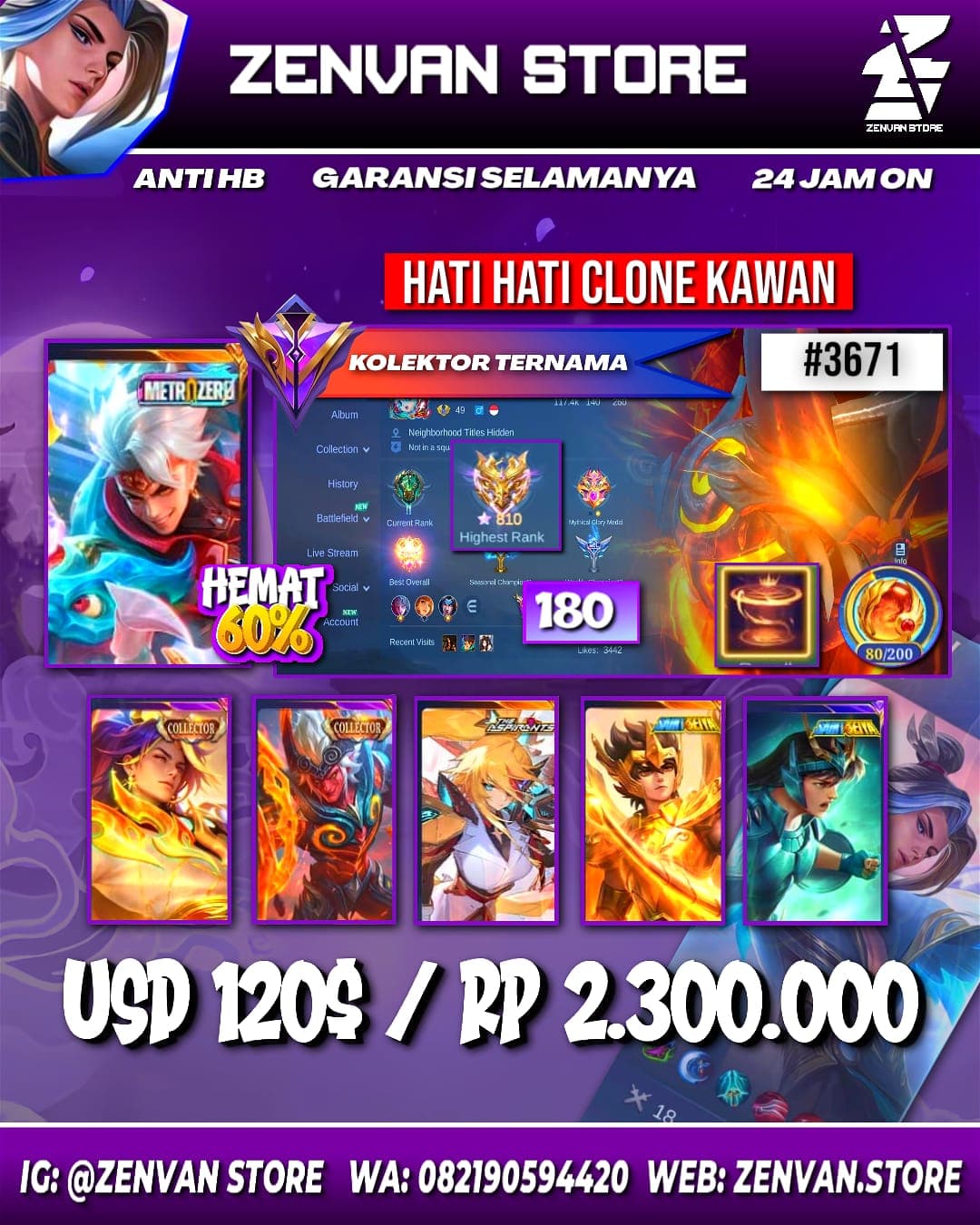 #3671 🔥 Ex-Immortal 810⭐ 🔥 180 Skins 🔥 Collector Arlott & Kufra 🔥 Zero X-Borg 🔥 Aspirant Lesley 🔥 Saint Seiya Badang 🔥 SpongeBob 🔥 Many Limited 🔥 Many Epic 🔥 Safe Account ✅