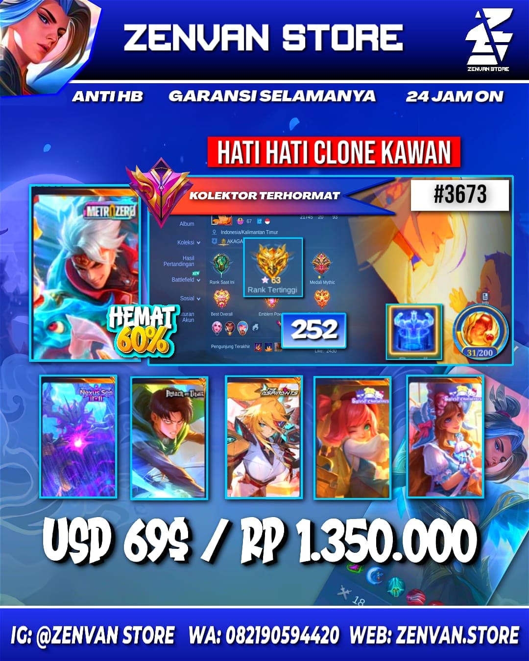Foto akun ML #3673 🔥 252 Skins 🔥 Collector Natalia 🔥 Zero X-Borg 🔥 11.11 Thamuz 🔥 AoT Levi 🔥 Aspirant Lesley 🔥 Prime Yu Zhong 🔥 SpongeBob 🔥 Many Limited 🔥 Many Epic 🔥 Safe Account ✅ - gambar 1