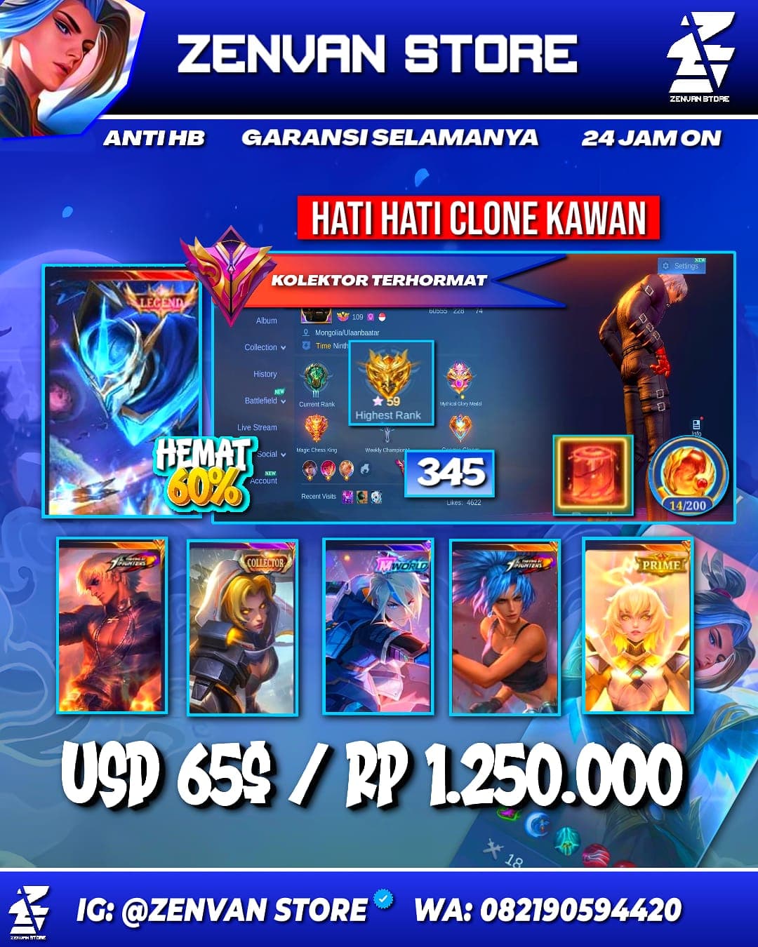 #3641 🔥 345 Skins 🔥 Legend Gusion 🔥 Collector Natalia 🔥 Prime Beatrix 🔥 M-World Ling 🔥 Transformers Roger 🔥 KoF Gusion & Karina 🔥 Many Limited 🔥 Many Zodiacs 🔥 Many Epic 🔥 Safe Account ✅