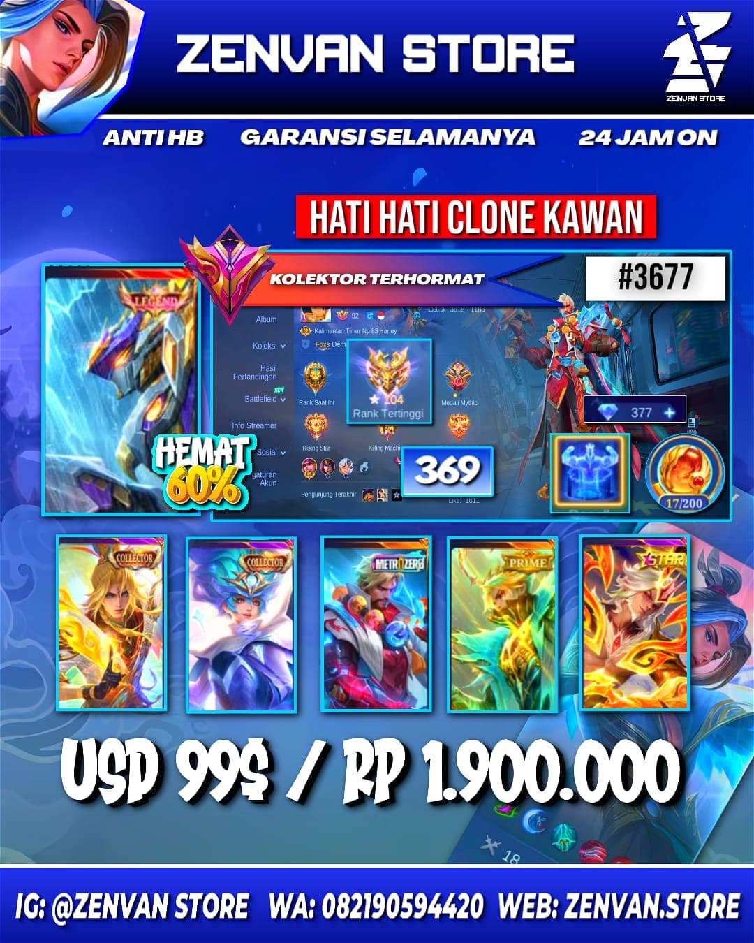 #3677 🔥 316 Skins 🔥 Legend Saber 🔥 2 Collectors 🔥 Sanrio Angela & Floryn 🔥 Prime Granger 🔥 Zero Roger 🔥 SpongeBob 🔥 Many Limited 🔥 Many Zodiacs 🔥 Many Epic 🔥 Safe Account ✅