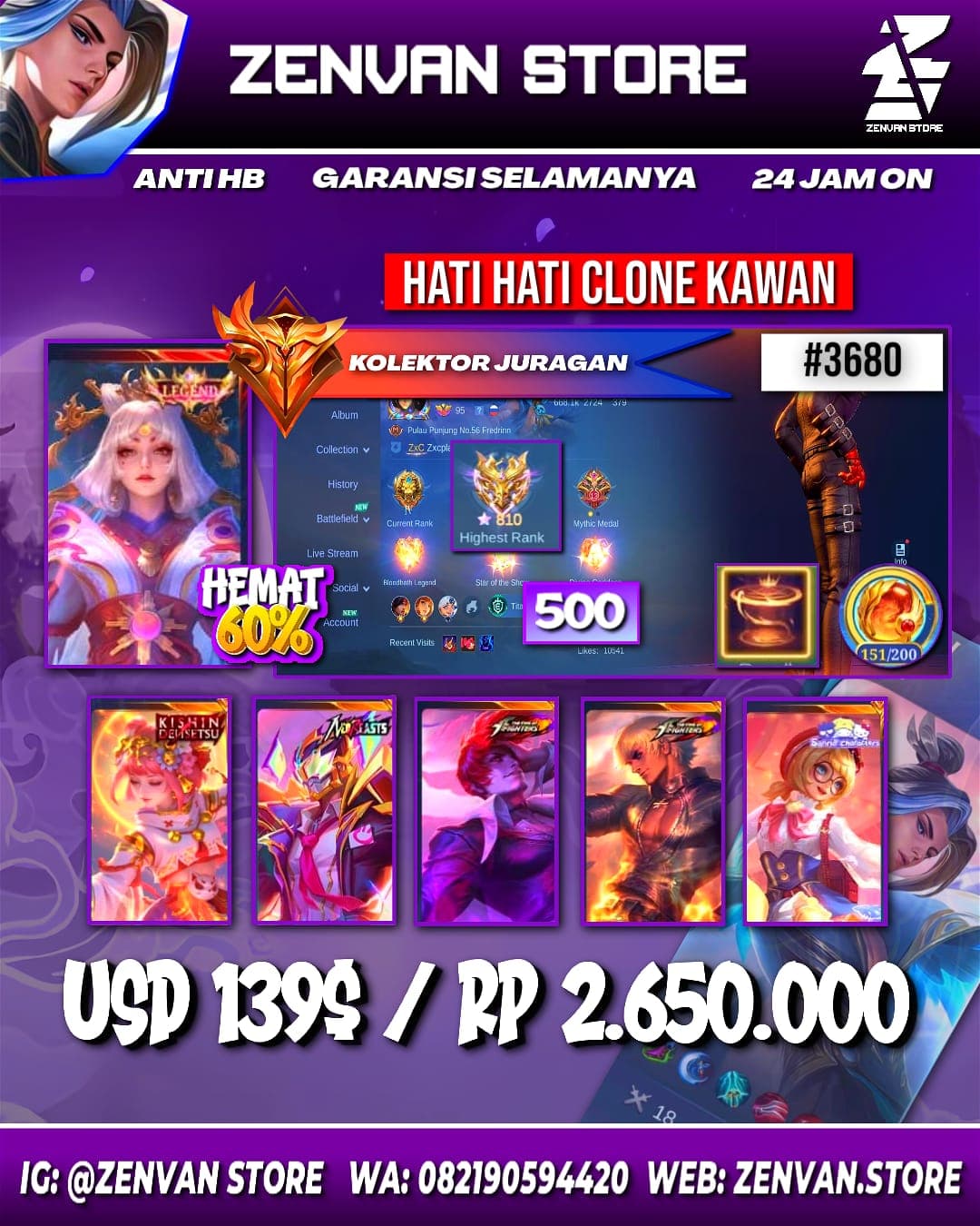 #3680 🔥 500 Skins 🔥 Legend Lunox 🔥 Collector Badang & Natalia 🔥 Neobeast Fredrinn 🔥 Kinsin Angela 🔥 Prime Claude 🔥 KoF Gusion, Chou, Dyroth & Karina 🔥 Sanrio Angela & Floryn 🔥 SpongeBob 🔥 Ma