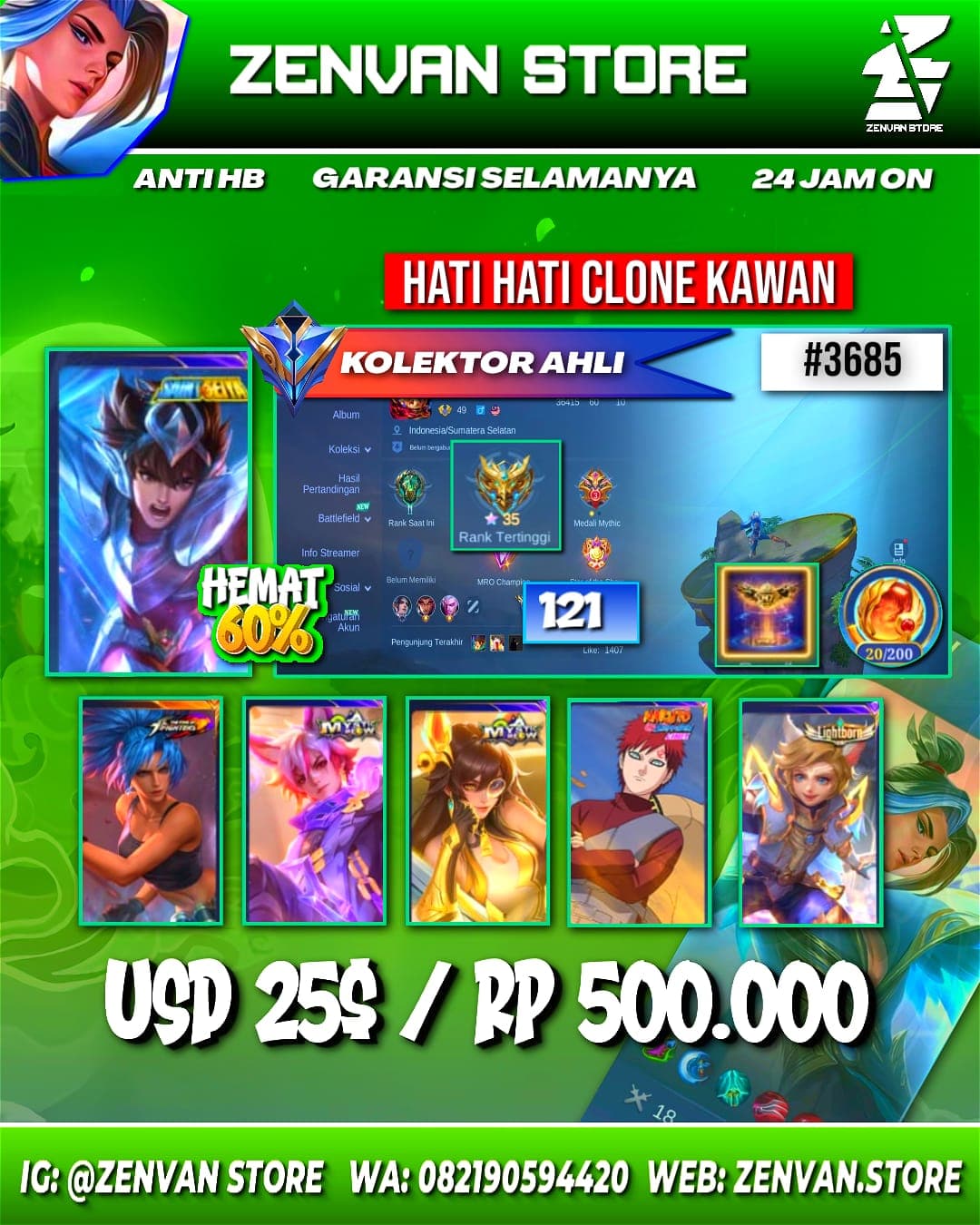Foto akun ML #3685 🔥 121 Skins 🔥 KoF Karina 🔥 Saint Seiya Badang 🔥 Many Epic 🔥 Safe Account ✅ - gambar 1