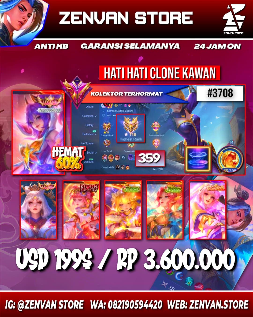 Foto akun ML #3708 🔥 359 Skins 🔥 2 Legends 🔥 5 Collectors 🔥 AoT Mikasa 🔥 HxH Killua 🔥 Aspirant Vexana & Lesley 🔥 Sanrio Claude, Chang’e & Floryn 🔥 Prime Granger 🔥 KoF Chou, Dyroth & Karina 🔥 Clouds Kagur - gambar 1
