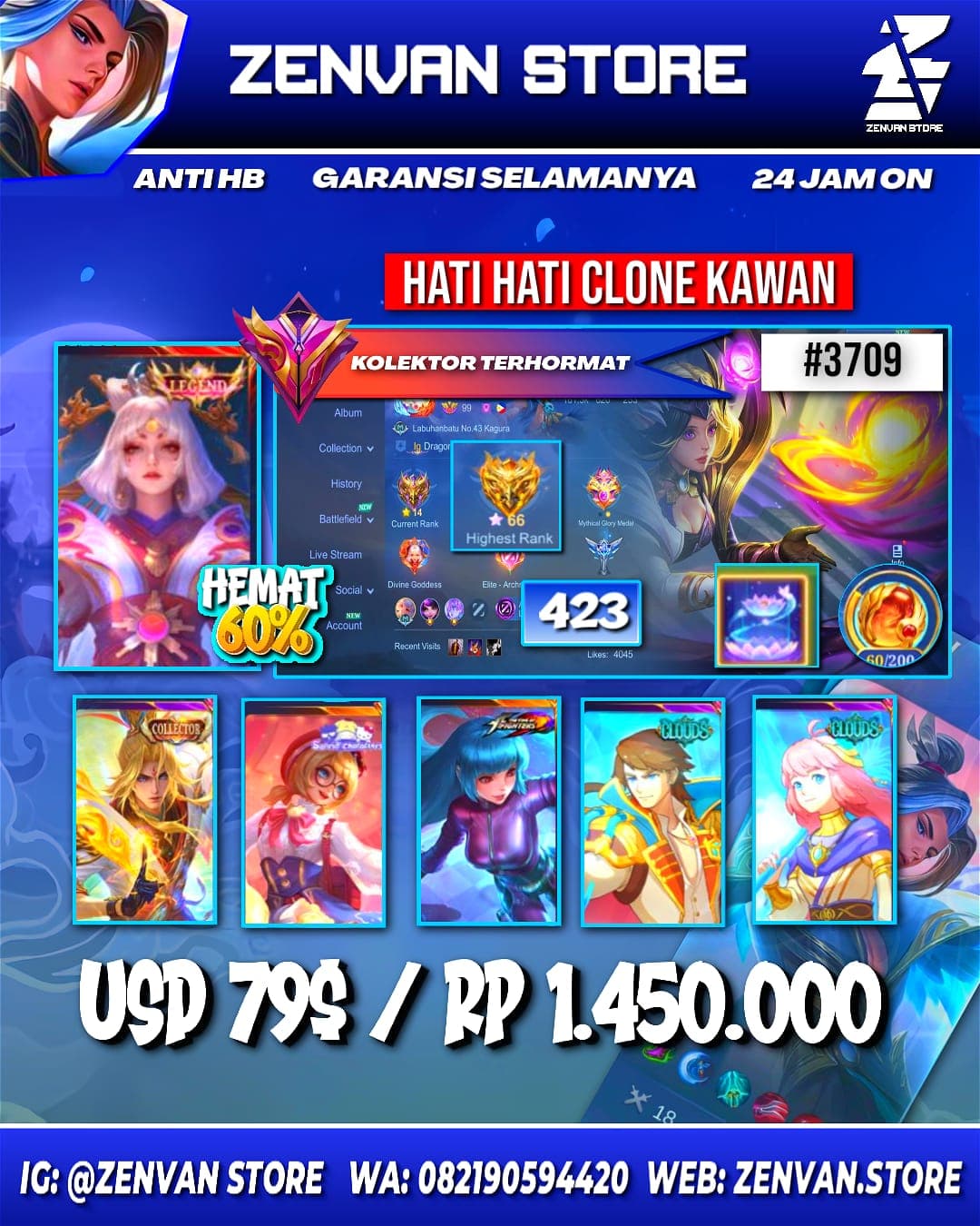 Foto akun ML #3709 🔥 423 Skins 🔥 Legend Lunox 🔥 Collector Xavier & Natalia 🔥 Sanrio Angela & Floryn 🔥 Clouds Xavier & Kagura 🔥 Prime Granger, Claude & Beatrix 🔥 KoF Aurora & Karina 🔥 SpongeBob 🔥 Many Limi - gambar 1