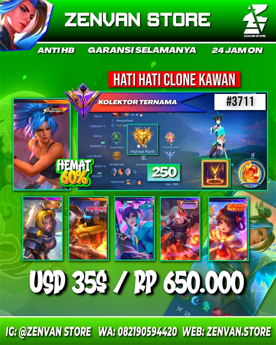 Foto akun ML #3711 🔥 250 Skins 🔥 Collector Natalia 🔥 Transformers Roger 🔥 M-World Wanwan 🔥 KoF Karina 🔥 Many Epic 🔥 Safe Account ✅ - gambar 1