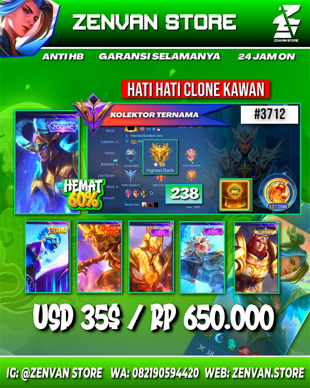 Foto akun ML #3712 🔥 238 Skins 🔥 Collector Natalia 🔥 Transformers Roger 🔥 KoF Karina 🔥 Many Epic 🔥 Safe Account ✅ - gambar 1