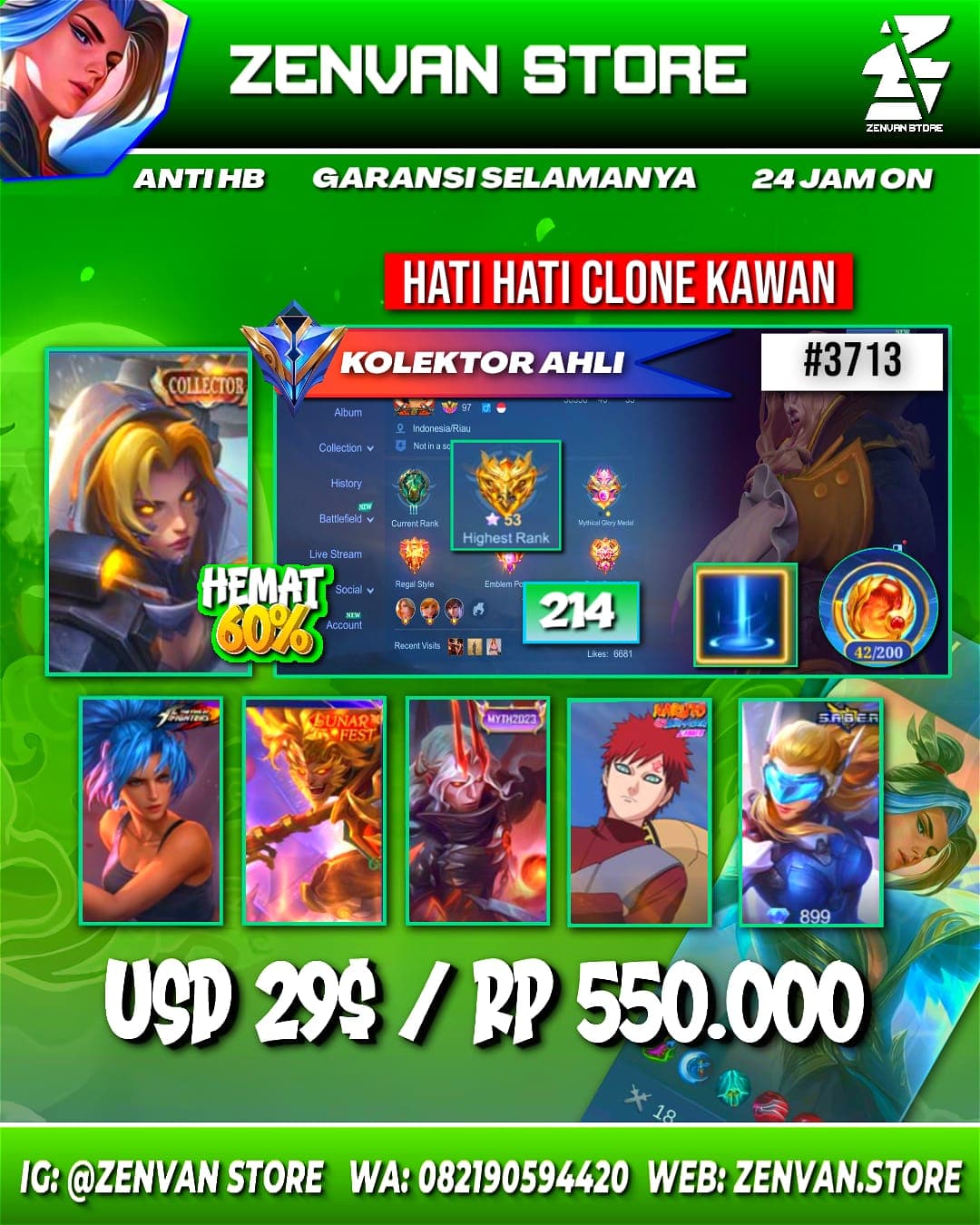 Foto akun ML #3713 🔥 214 Skins 🔥 Collector Natalia 🔥 KoF Karina 🔥 Gusion 🔥 Many Epic 🔥 Safe Account ✅ - gambar 1