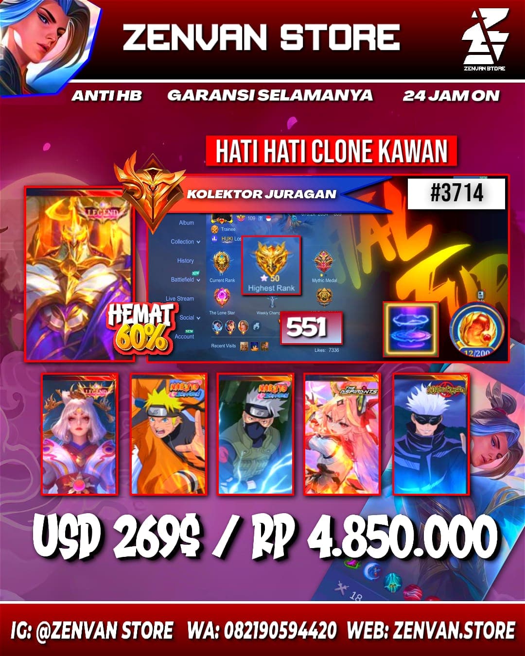 #3714 🔥 551 Skins 🔥 2 Legends 🔥 2 Collectors 🔥 Neobeast Fredrinn 🔥 Naruto & Kakashi 🔥 Jujutsu Kaisen Gojo 🔥 Ducati Irithel 🔥 Exorcist Yu Zhong & Hayabusa 🔥 Prime Claude, Beatrix & Yu Zhong 🔥