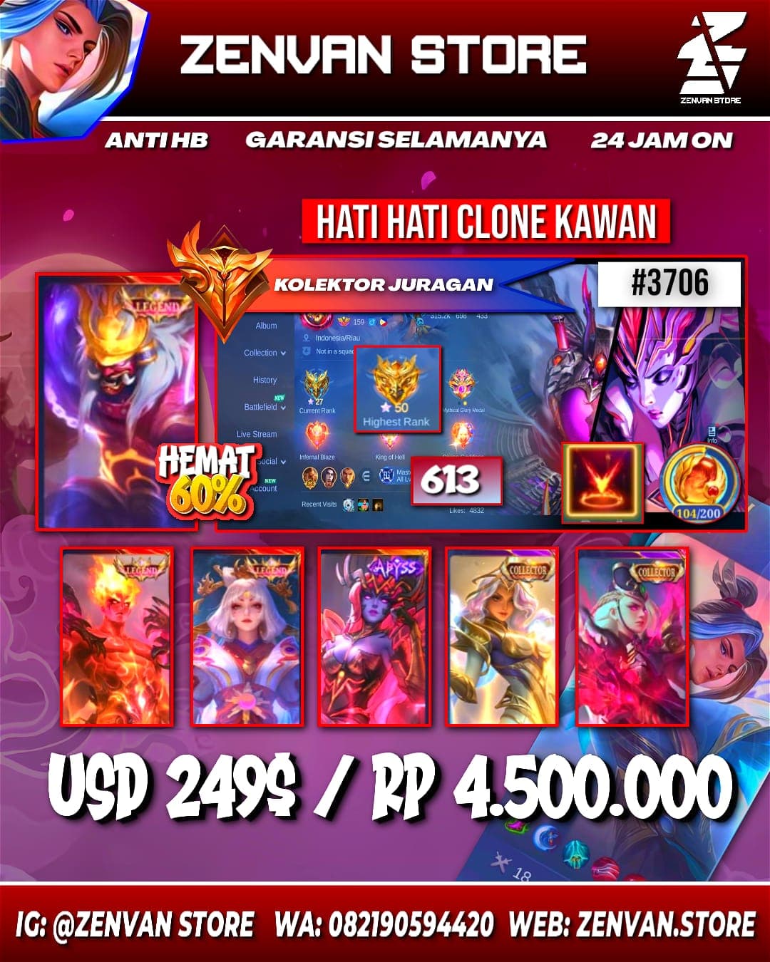 #3706 🔥 613 Skins 🔥 3 Legends 🔥 4 Collectors 🔥 Abyss Selena 🔥 Mistbender Nana 🔥 Aspirant Trio 🔥 Transformers Trio 🔥 Sanrio Claude & Floryn 🔥 Kungfu Panda Akai & Thamuz 🔥 Prime Yu Zhong & Bea