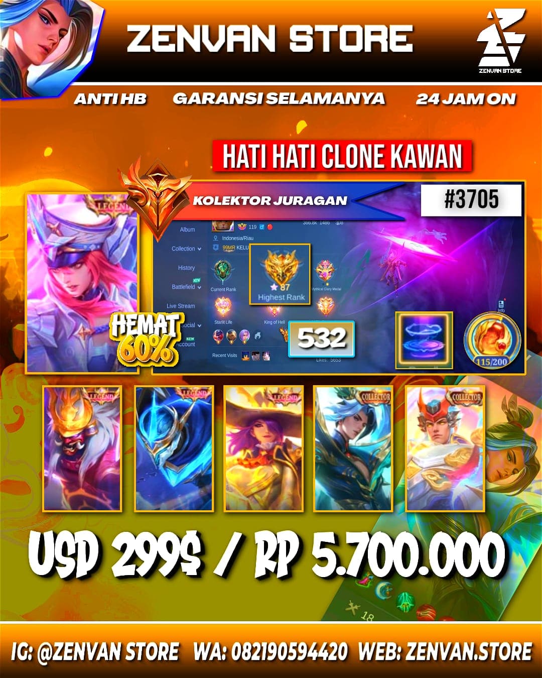 Foto akun ML #3705 🔥 532 Skins 🔥 3 Legends 🔥 7 Collectors 🔥 Neobeast Lylia 🔥 AoT Mikasa 🔥 Jujutsu Kaisen Megumi & Itadori 🔥 Ducati Duo 🔥 11.11 Nolan & Hayabusa 🔥 Aspirant Series 🔥 Prime Claude, Yu Zhong - gambar 1