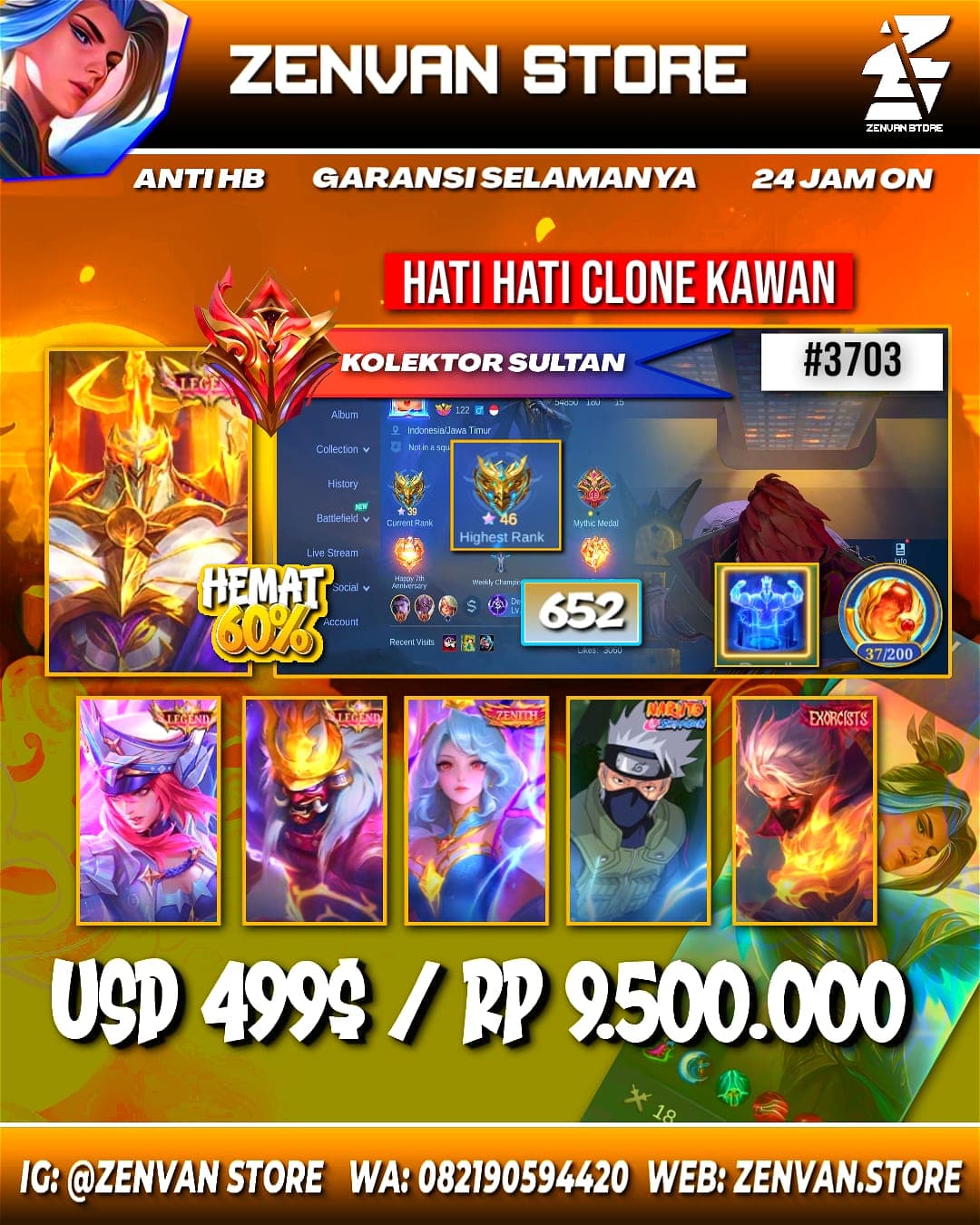 #3703 🔥 652 Skins 🔥 3 Legends 🔥 4 Collectors 🔥 Exorcist Trio 🔥 Jujutsu Kaisen Gojo 🔥 Kakashi 🔥 11.11 Nolan 🔥 Ducati Leomord 🔥 Prime Claude, Yu Zhong & Beatrix 🔥 KoF Series 🔥 Aspirant Ruby &