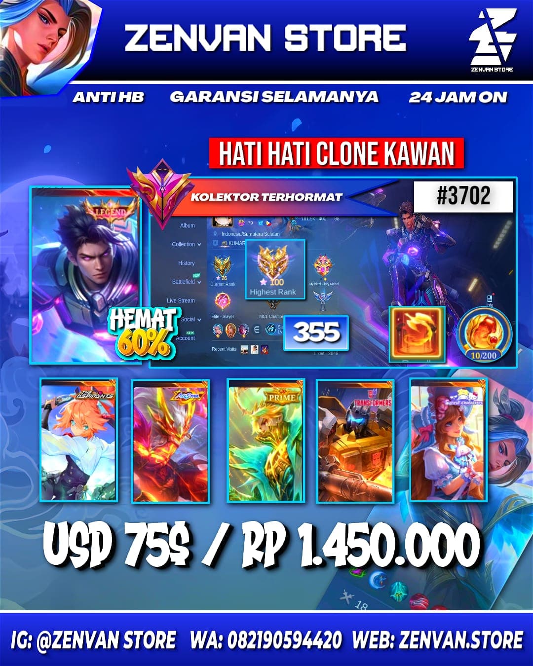 Foto akun ML #3702 🔥 355 Skins 🔥 Legend Alucard 🔥 Collector Natalia 🔥 Internal Moskov 🔥 Aspirant Fanny 🔥 Prime Granger 🔥 M-World Ling 🔥 SpongeBob 🔥 Many Limited 🔥 Many Epic 🔥 Safe Account ✅ - gambar 1