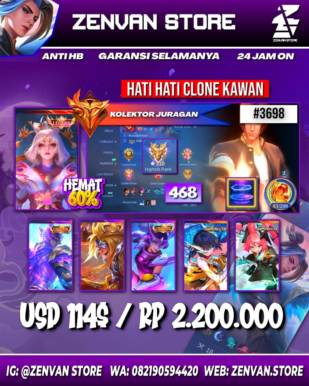 #3698 🔥 468 Skins 🔥 Legend Lunox 🔥 4 Collectors 🔥 Ducati Irithel 🔥 Aspirant Layla, Ruby & Angela 🔥 Transformers Trio 🔥 Prime Yu Zhong & Beatrix 🔥 KoF Valir, Masha, Dyroth & Karina 🔥 Saint Sei