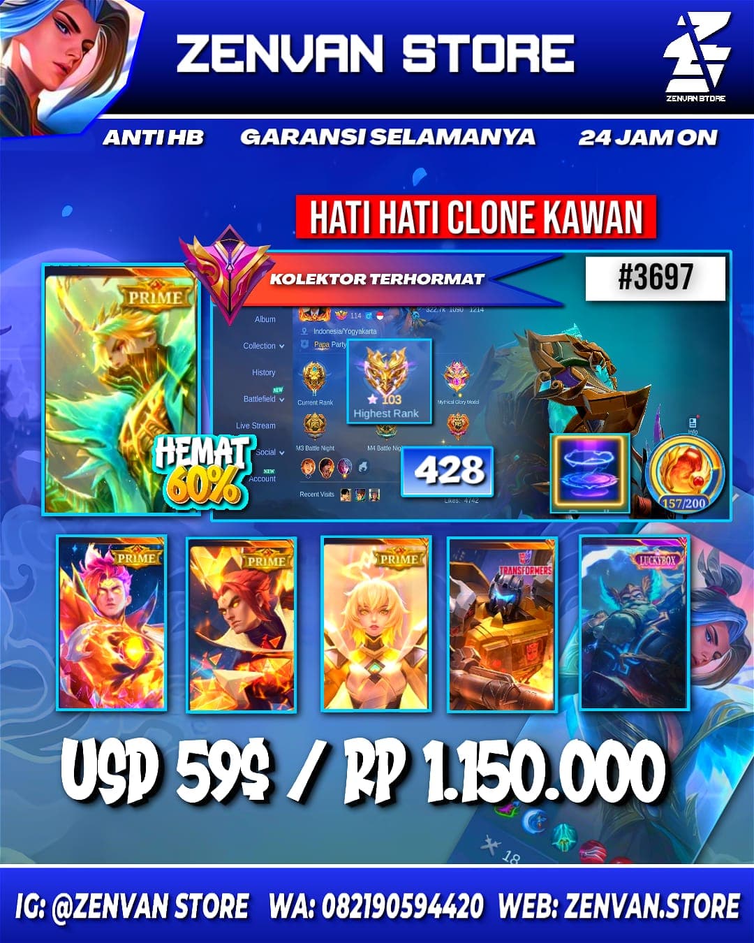 #3697 🔥 428 Skins 🔥 Collector Natalia 🔥 Full Prime (Granger, Claude, Yu Zhong & Beatrix) 🔥 Transformers Roger 🔥 KoF Karina 🔥 Many Limited 🔥 Many Epic 🔥 Safe Account ✅