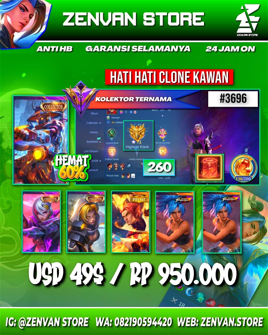 #3696 🔥 260 Skins 🔥 3 Collectors 🔥 Yin Sun Shin, Benedetta & Natalia 🔥 Prime Yu Zhong 🔥 M-World Wanwan 🔥 KoF Karina 🔥 Many Limited 🔥 Many Epic 🔥 Safe Account ✅