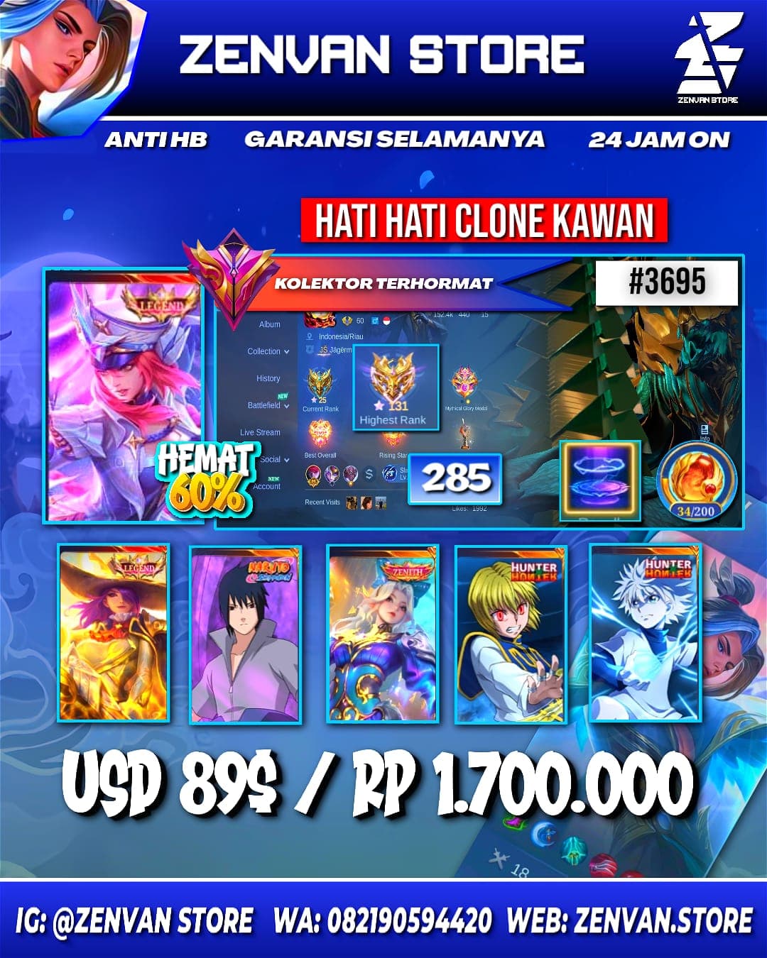 #3695 🔥 285 Skins 🔥 2 Legends 🔥 Collector Natalia 🔥 Sasuke 🔥 Zenith Selena 🔥 HxH Killua & Kurapika 🔥 Prime Granger 🔥 KoF Karina & Aurora 🔥 Many Limited 🔥 Many Epic 🔥 Safe Account ✅