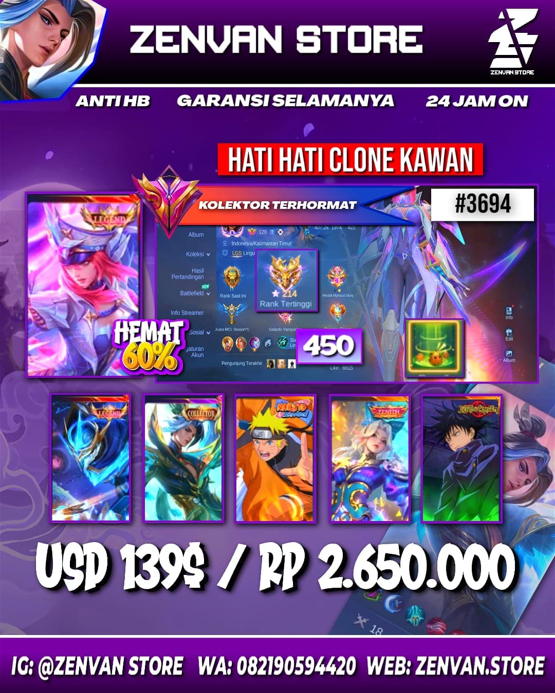 #3694 🔥 450 Skins 🔥 2 Legends 🔥 Collector Ling & Natalia 🔥 Naruto 🔥 Jujutsu Kaisen Megumi 🔥 Ducati Leomord 🔥 Prime Granger & Claude 🔥 KoF Gusion, Dyroth & Karina 🔥 Stun Chou 🔥 SpongeBob 🔥 M