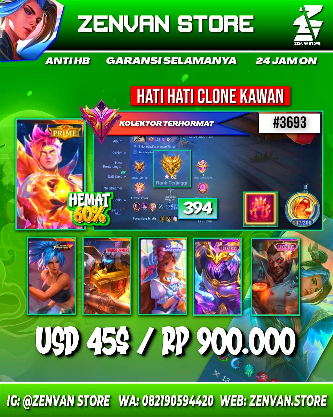 #3693 🔥 394 Skins 🔥 Collector Natalia 🔥 Prime Claude 🔥 M-World Yin 🔥 Transformers Roger 🔥 KoF Karina 🔥 Many Limited 🔥 Many Zodiacs 🔥 Many Epic 🔥 Safe Account ✅