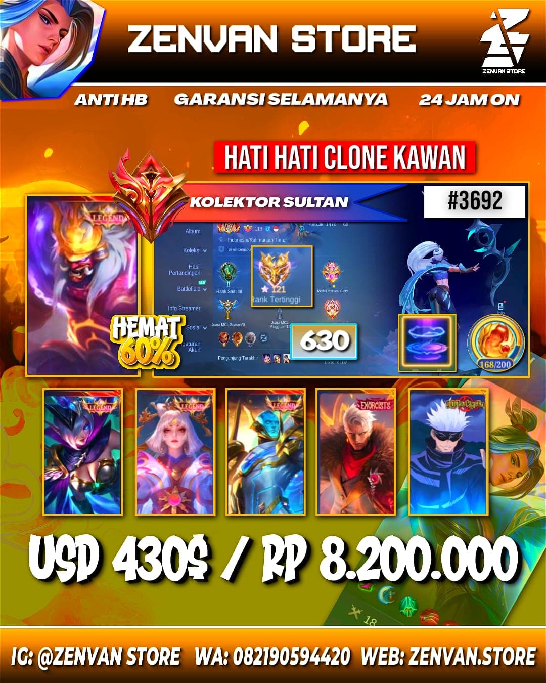 #3692 🔥 630 Skins 🔥 3 Legends 🔥 6 Collectors 🔥 Neobeast Lylia 🔥 Jujutsu Kaisen Gojo & Megumi 🔥 AoT Eren 🔥 Ducati Duo 🔥 StarWars Kimmy 🔥 Aspirant Series 🔥 Prime Claude, Yu Zhong & Beatrix 🔥