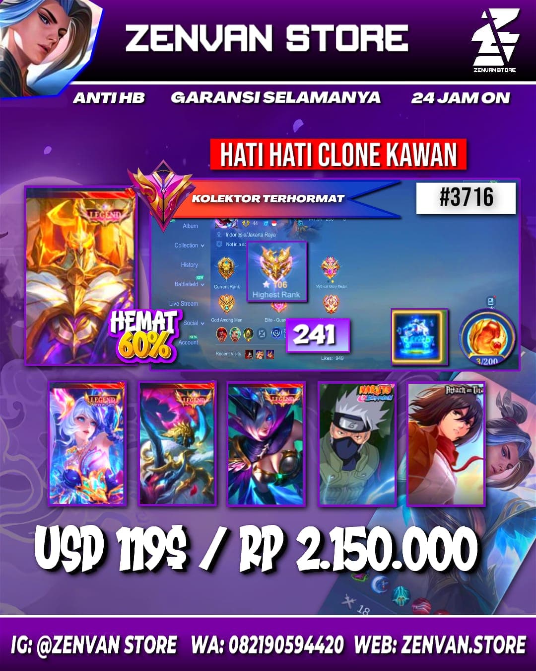 Foto akun ML #3716 🔥 241 Skins 🔥 4 Legends 🔥 Collector Yin Sun Shin 🔥 Neobeast Ling 🔥 Zenith Selena 🔥 AoT Mikasa 🔥 Kakashi 🔥 Sanrio Claude & Floryn 🔥 Prime Granger 🔥 KoF Guinevere, Aurora & Karina 🔥 Spo - gambar 1
