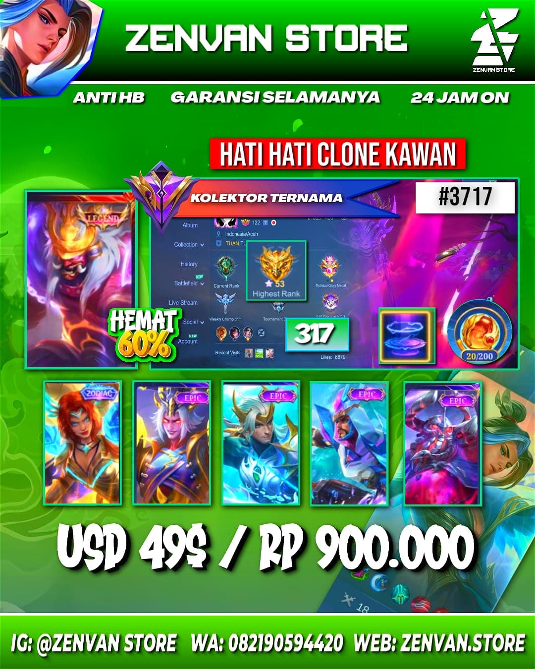 Foto akun ML #3717 🔥 317 Skins 🔥 Legend Franco 🔥 Collector Natalia 🔥 KoF Karina 🔥 SpongeBob 🔥 Many Epic 🔥 Safe Account ✅ - gambar 1