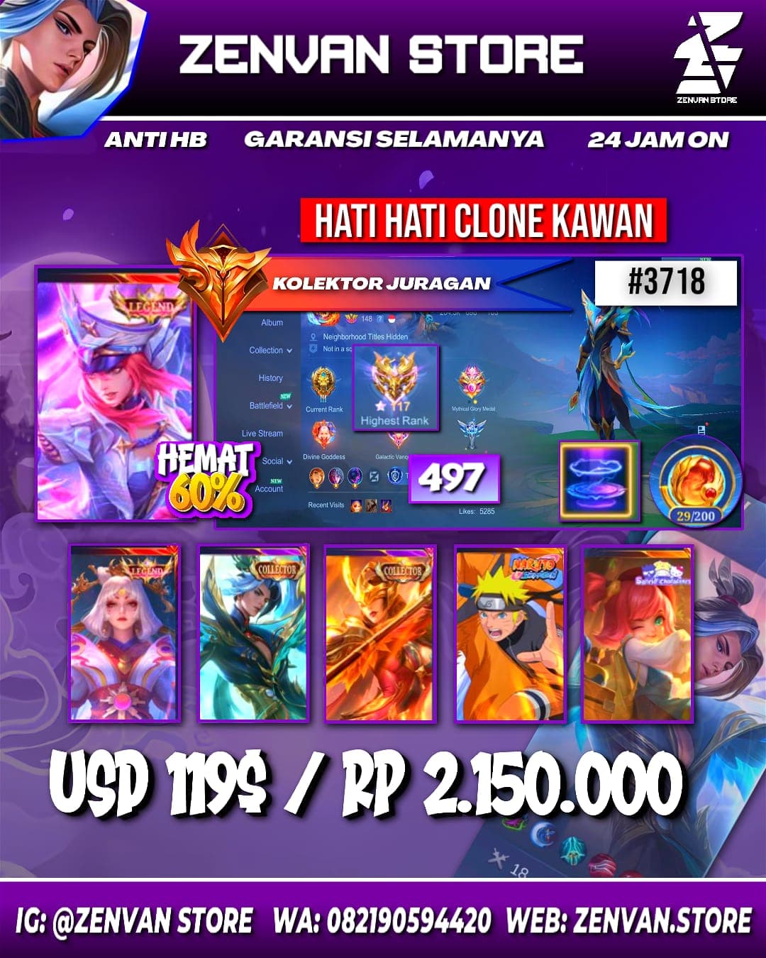 Foto akun ML #3718 🔥 497 Skins 🔥 2 Legends 🔥 2 Collectors 🔥 Naruto 🔥 Transformers Granger & Roger 🔥 Sanrio Chang’e & Floryn 🔥 Prime Granger & Beatrix 🔥 KoF Karina 🔥 SpongeBob 🔥 Many Limited 🔥 Many Zodia - gambar 1